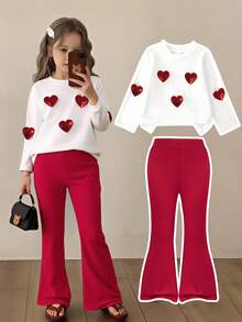 2 pièces/set Jeune fille mignon décontracté T-shirt à manches longues col rond 3D en forme de cœur, assorti avec un pantalon évasé contrasté, convient pour le port décontracté en extérieur au printemps et en automne - Rouge et Blanc - Voir 1