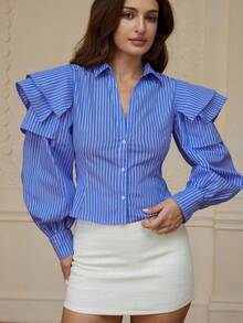 Revavyn Exaggerated Sleeve Design Striped Long Sleeve Shirt, Fashion & Versatile, Autumn/Winter - Multicolor - View 2