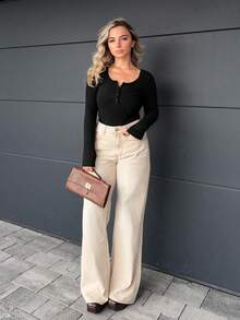 Jeta Ari 女士休闲针织百搭基本款圆领半扣罗纹针织长袖T恤修身T恤返校T恤教师T恤教师服装秋季女上衣秋季女装 - 黑色 - 查看 5