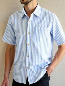 HIMLAND Men's Striped Short Sleeve Single-Breasted Casual Pocket Commuter Shirt - Blue and White - View 3