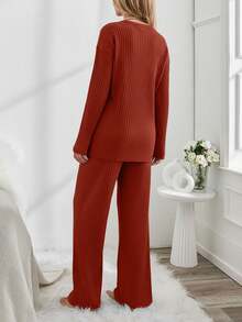 EURMUSE Women's Letter Print Drop Shoulder Long Sleeve Top And Pants Pajama Set - Red - View 2