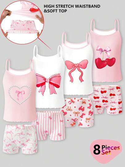 Conjunto de 4 piezas para niñas: camiseta de tirantes, sujetador, chaleco de tirantes y braga, con estampados florales, de mariposas y de fresas