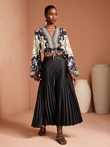 JIAN LASALA All-Over Print Woven V Neck Flared Bell Long Sleeves Elastic Waist Drawstring Loose Women Top For Women Resort Wear Beach Wedding Guest - Multicolor - View 5