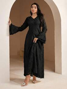 Veilorie Women's Elegant Solid Color Flare Sleeve Dress, Autumn Long Dress With Sleeves - Black - View 5