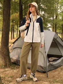 In My Nature Women's Zip-Up Hooded Jacket, Casual Color Block Windbreaker - White - View 3