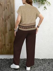 EMERY ROSE Casual Retro Bohemian Style Printed Pattern Plus Size Women Round Neck Short Sleeve Loose Pants 2 Pieces Set, Suitable For Spring And Autumn Carnival,Vacation - Multicolor - View 2