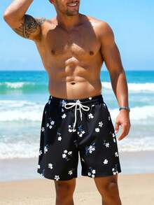 Manfinity Swimmode 男士印花抽绳腰带休闲沙滩短裤 - 黑色 - 查看 2