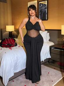 NU&NOW Elegant Black Halter Midi Dress Plus Size Ruched Sleeveless Knitted Fabric,Winter Holiday Outfits,Luxury Dinner Evening Dresses For Women,Ruffle - Black - View 5
