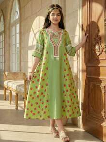 SHEIN Tween Girl Green Floral Print Retro Embroidery A-Line Maxi Vacation Dress,Autumn Boho Holiday Robe,Suitable For Festivals & Special Occasions,Jalabiya - Green - View 9