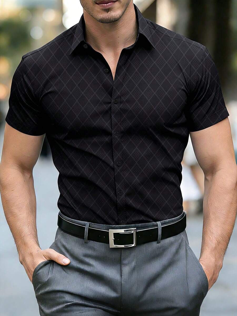 Manfinity Mode Men's Embossed Business Casual Short Sleeve Shirt - Black - View 1