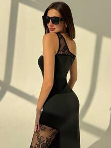 Aloruh Rochie de vară pentru femei în culoare solidă, rochie elegantă și romantică de cocktail pentru petrecere, nou-venită, rochie maxi neagră cu mânecă scurtă, asimetrică, fără bretele, din dantelă, talie strâmtă, asimetrică, tiv, dantelă, model patchwork - Negru - Vizualizare 2