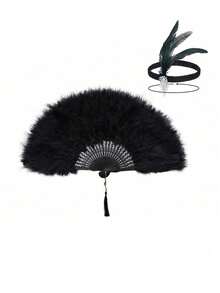 2/3 gói phụ kiện Flapper thập niên 1920 dành cho nữ - Bộ quạt lông vũ, băng đô và găng tay cho trang phục cosplay khiêu vũ đám cưới cổ điển Phụ kiện Great Gatsby (Màu đen) - Nhiều màu - Xem 14