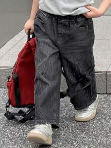 DAZY Young Boy Elastic Waist Pocket Loose Wide Leg Casual Jeans Spring - Black - View 1