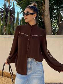 Livesso Casual Loose Fit Women's Blouse With Ruffle Collar - Coffee Brown - View 1