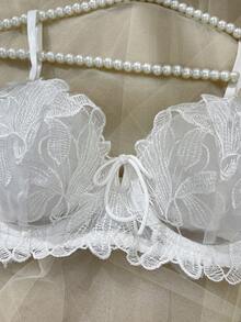 5件套女士蝴蝶结装饰，花卉刺绣，网纱性感内衣套装