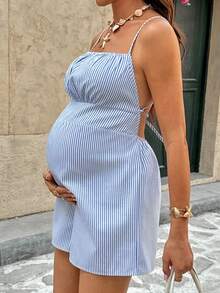 SHEIN Maternity Summer Casual Striped Print Jumpsuit - Blue and White - View 3