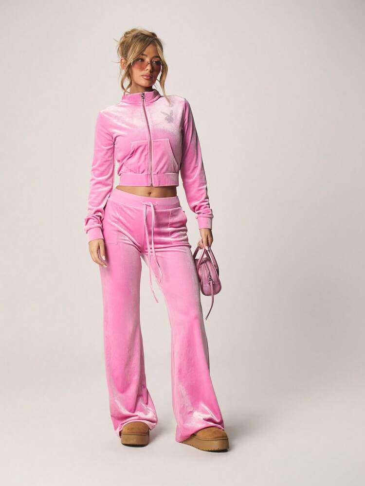 Missguided x Playboy Velour Drawstring Flare Sweatpants With Rhinestone Text Detail For Casual Comfort And Style