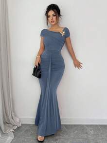 Modelyn Metallic Buckle Decor Ruched Fitted Elegant Long Dress For Women - Baby Blue - View 7