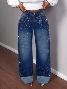 Slaydiva Quần jean denim nữ thời trang thường ngày, đính đá lấp lánh, túi xéo, chất liệu denim mài. - Rửa tối - Xem 4