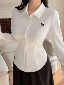 DAZY Camisa casual de mujer con patrón de bordado de color contrastante, manga larga para primavera/verano - Beis - Ver 4