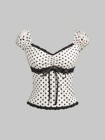 Goth T-shirt aderente da donna con scollo a V, decorazione con fiocco e motivo a pois a contrasto