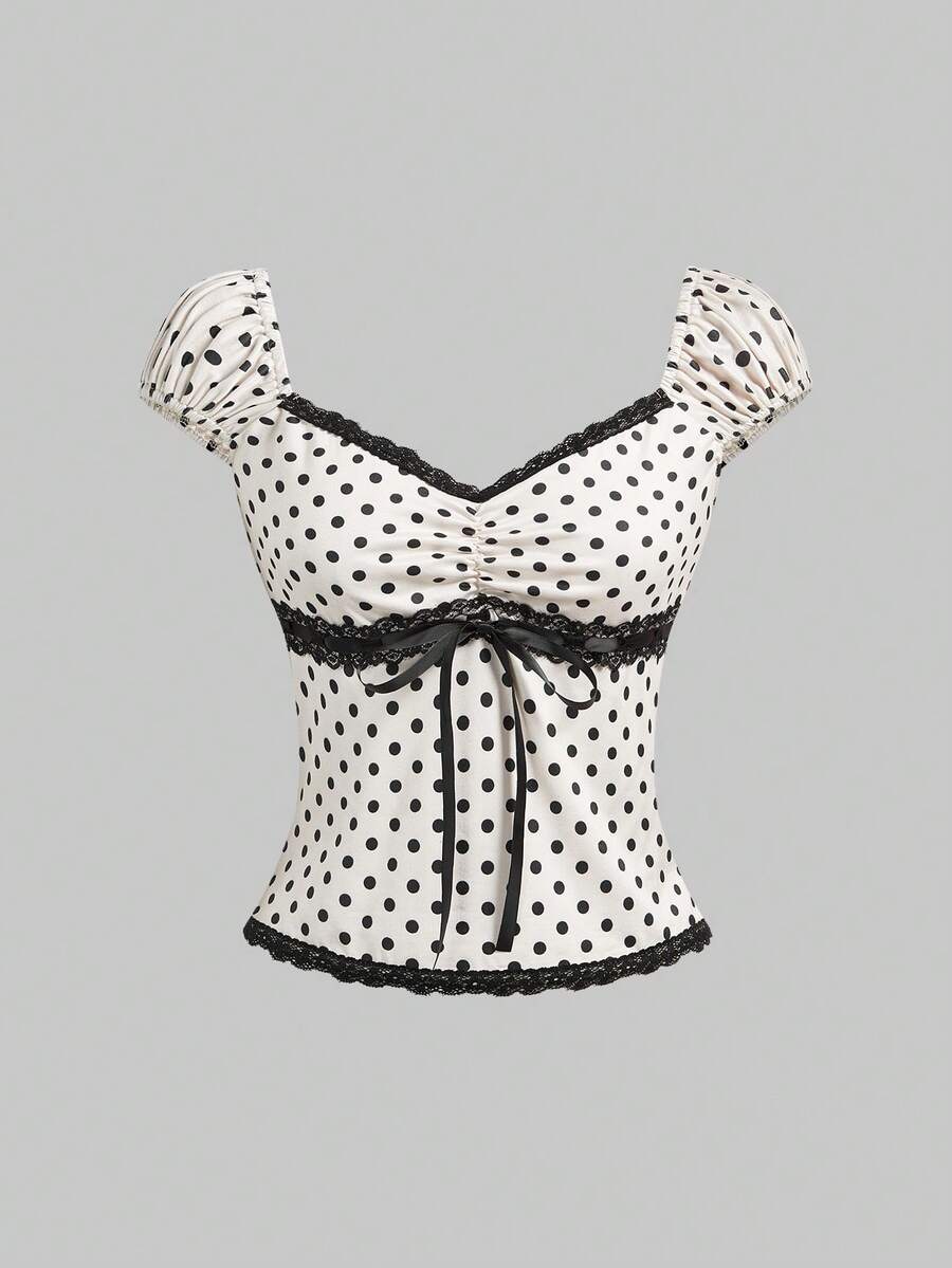 ROMWE Goth Spring/SummerV-Neck Bow Decor Contrast Polka Dot Women Slim Fit Versatile T-Shirt - Beige - View 1