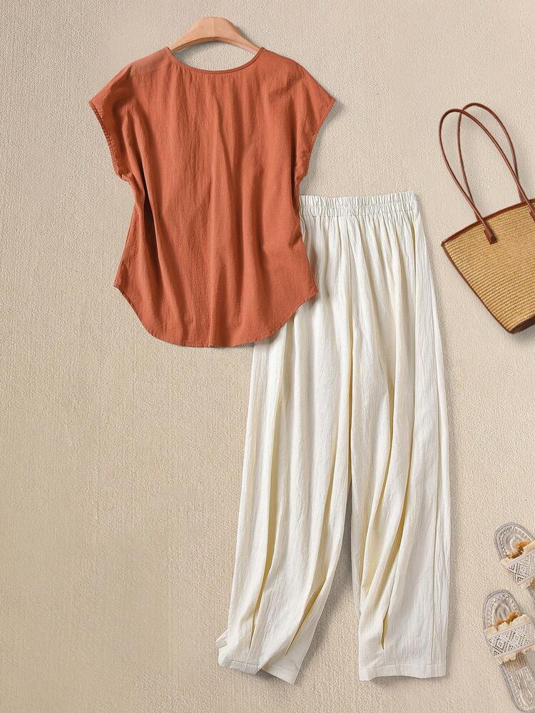 Plus Size Casual Solid Color Shirt And Pants 2 Pieces Set
