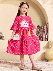 SHEIN Vestido de princesa con cuello redondo, volantes en el bajo y bolso, con estampado de dibujos animados lindo para niña, adecuado para primavera/verano, uso diario, festivales, reuniones familiares y ocasiones especiales - Rosa Fucsia - Ver 4