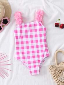 Emery Rose Kids Emery Rose Kids 女童格子3D花卉边饰泳衣，春夏款 - 淺粉色 - 查看 5