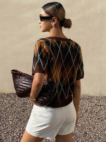 Livesso Women's Casual Rhombus Pattern Cardigan, Autumn/Winter - Brown - View 2