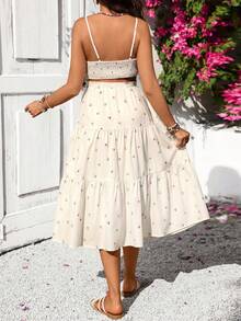 Modmama 2pcs Maternity Floral Print Camisole Top And Ruffle Hem Skirt Set - Beige - View 2