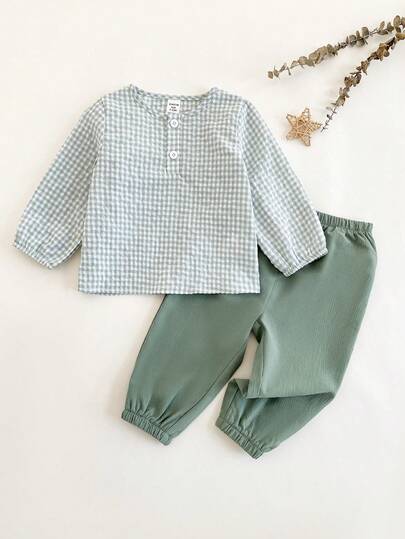 Baby Boys Pajamas-2 Piece Pajama Set Gingham Top Round Neck Long Sleeve Elastic Waist Pants Green Two Piece Sleepwear New Year 2026 Holiday Essential Four Seasons Soft Breathable Cozy Nursery Gift Toddler Everyday Wear Playtime Baby Boys 2pcs Baby Boy Two Piece Set
