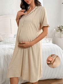 SHEIN 纯色V领纽扣前襟荷叶边哺乳孕妇连衣裙