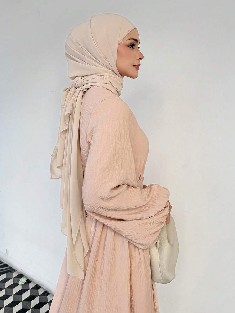 Women's Elegant Solid Color Textured Round Neck Lantern Sleeve Belted Dress, Spring/Summer Dress Sundress