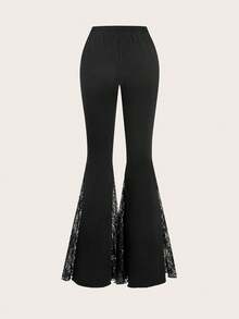 SHEIN MOD Women's Vintage Contrast Lace Flare Pants, Spring - Black - View 4