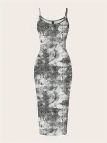 SHEIN EZwear 休閒性感極簡黑白街頭圖案印花貼身長洋裝，適合夏季夜店外出 - 灰色 - 查看 5