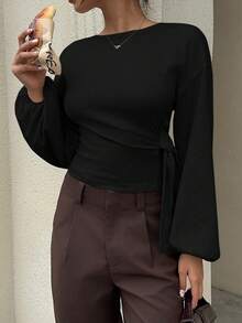 Siren Gaze 女士纯色圆领落肩长袖侧打结T恤