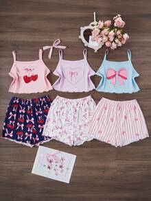 3 Stücke/Set Mädchen Lässig Süß Cartoon Herz, Schleife, Kirsche Muster Weste und Shorts Pyjama Set, Sommer - Verschiedenfarbig - Übersicht 3