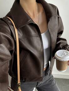 DAZY 女士休闲PU皮领长袖常规夹克 Y2k - 咖啡棕 - 查看 6
