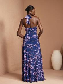 JIAN LASALA All-Over Floral Print Mesh Halter Neck Tie Backless Women Elegant Maxi Dress - Multicolor - View 2