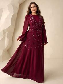 Coutiva Plus Size Women's Rhinestone Decor Lantern Sleeve Elegant Formal Evening Gown Long Sleeve Formal Dress Plus Size Dresses Burgundy Wine Dress Designer Dresses For Women Turkish Dress - Burgundy - View 4