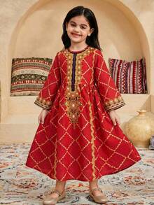 SHEIN Vestido de manga larga con cuello redondo, estampado floral diminuto, informal para vacaciones de Ramadán para niñas jóvenes - Rojo - Ver 6