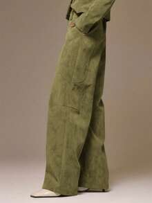 MUSERA Suedette Seam Detail Wide Jean Trousers Cool Girl, Streetstyle, Cute, , ,  Casual Summer - Olive Green - View 4