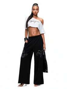 TypaGal Y2K Sexy Black Edgy Chic  Modern Wild Women's Rhinestone Drawstring Waist Slant Pocket Casual Wide Leg Pants Spring Summer  Fashion Street Punk Rock Style Music Festival Concert Hip-Hop Holiday  Going Out - Black - View 4