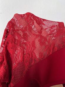 Viva Relle Valentine Plus Size Sexy Square Neck Red Lace Patchwork Party Christmas Dress - Red - View 7