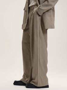 Musero Men Pinstripe Oversized Smart Casual Tailored Trousers , Tailoring Suits Spring&Summer - Khaki - View 5