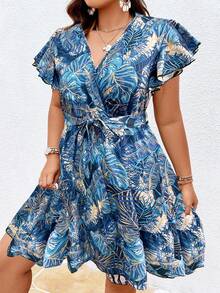 SHEIN Clasi 大码夏季休闲树叶印花荷叶袖腰部抽绳连衣裙 - 彩色 - 查看 4