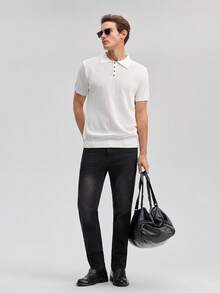 Officeau Men's Hollow Out Design Knitted Polo Shirt, Minimalist Style Suitable For Summer, Old Money Style - White - View 7