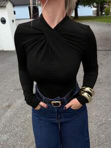 Jeta Ari 春夏优雅性感连体衣，现代时尚百搭红色褶皱领口紧身长袖紧身衣，休闲家居服和日常服装 - 黑色 - 查看 3