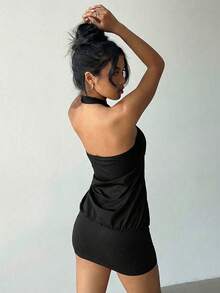 Aloruh 女士吊带系带金属扣紧身迷你连衣裙 - 黑色 - 查看 2